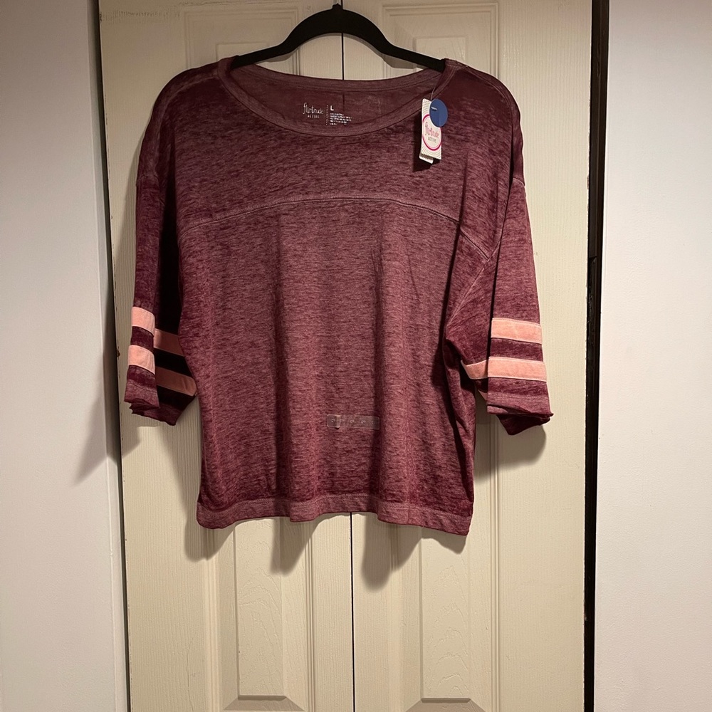 Flirtitude Active- Deep Ruby Burnout Mesh Mid-Waist Crew Neck T-Shirt. Size L.